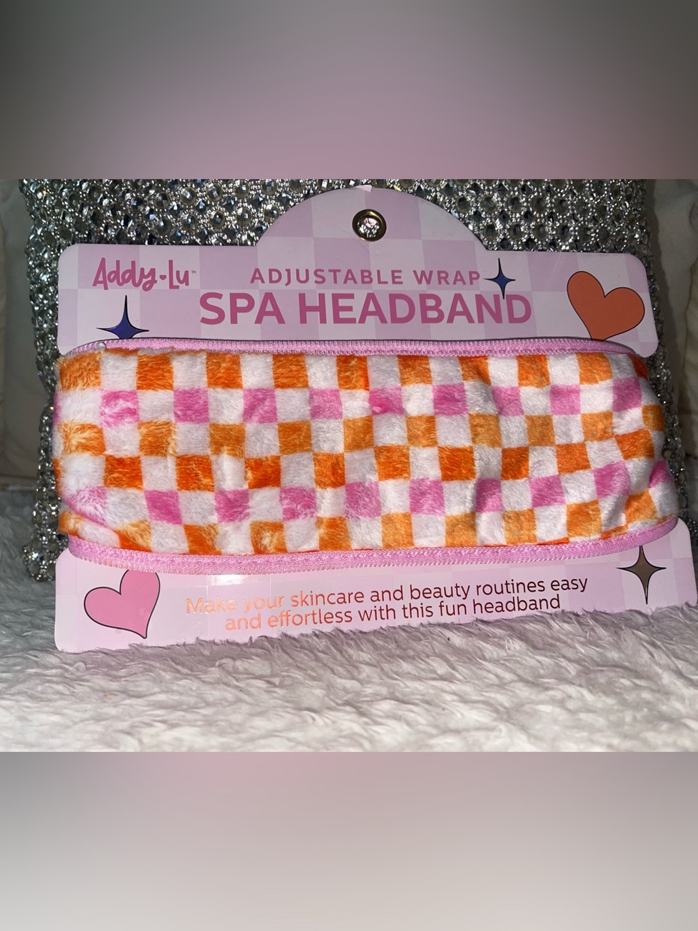 Addy-Lu Adjustable Spa Headband - Pink & Orange Checker